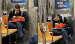 Heartwarming photos of man caring for tiny kitten on subway go viral