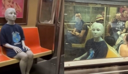 Bizarre video of 'alien' riding New York subway leaves people confused