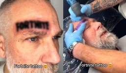 Dad gets a giant Fortnite tattoo on his face after losing a bet with his son