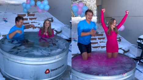 American couple sparks debate after jumping into ice bath in the middle of winter for unique gender reveal
