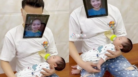 Dad goes viral on TikTok for wearing mother's mask to teach breastfeeding to his son