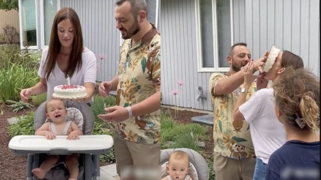  Husband's mischievous act at son's first birthday reduces wife to tears
