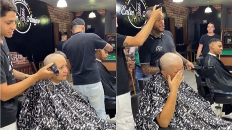Internet in tears as barber shaves head in support of mother's cancer battle