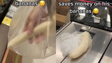 Man peels bananas before weighing them at grocery to save money