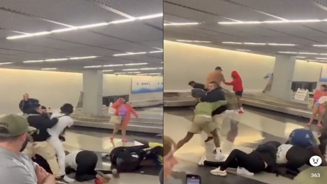 Shocking moment as a fight erupts among travelers at the baggage claim