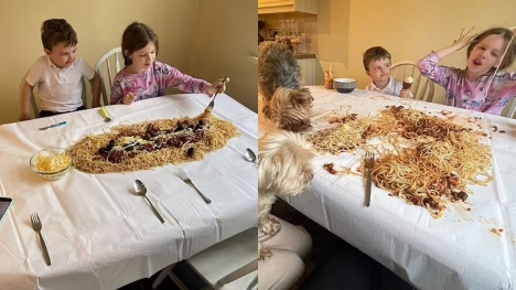 Mother reveals ‘hack’ to avoid washing up plates by dumping entire spaghetti dinner on the table for her children 