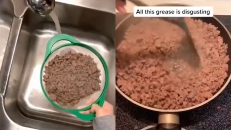 Woman rinsing cooked ground beef causes controversy among viewers