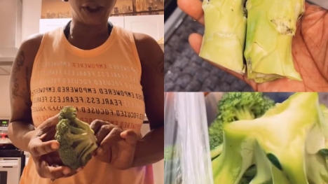 Woman  saves money by cutting off excess food before weighing and paying at supermarket