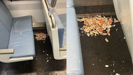 Passenger sparks debate after eating crab legs and then leaves the mess on a train