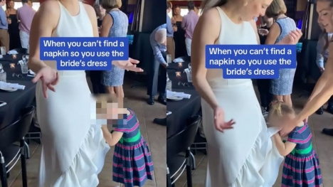 People spark controversy after calling for child-free weddings due to toddler wiping her face on bride’s dress