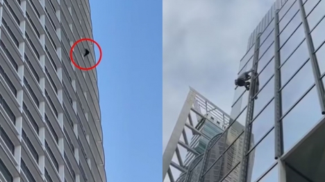 Office workers stunned as 'Pro-life Spiderman' climbs15th-floor window without a rope