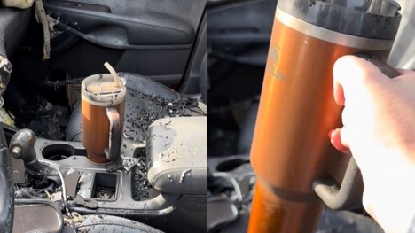 Woman stunned after spotting Stanley Travel Mug survive car fire; company offers to replace vehicle