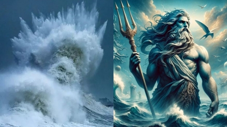 Crashing wave captured to show face of Poseidon, god of the sea