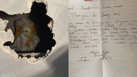 Man stunned after spotting rag doll in wall with terrifying note inside new house