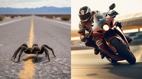 Motorcyclist taken to hospital after tarantula that was crossing the road