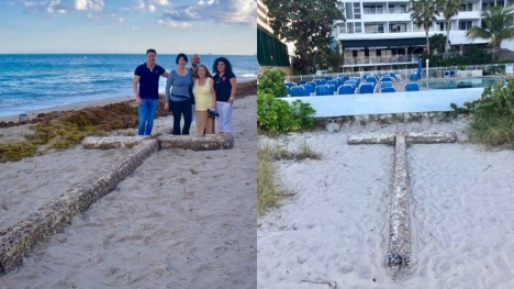 Beachgoer stunne after spotting a giant barnacle-covered cross washed up on a Florida beach