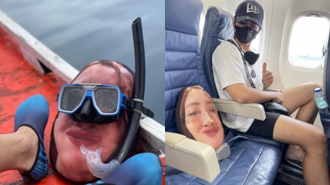 Man goes on vacation with wife’s face pillow,  since she can't join 