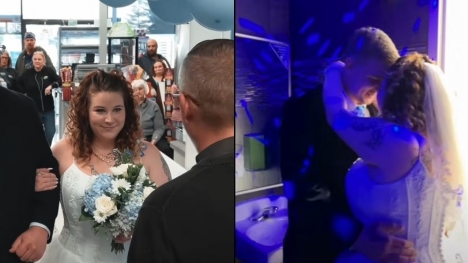 Stunned couple marries in gas station restroom next to the men's urinals 