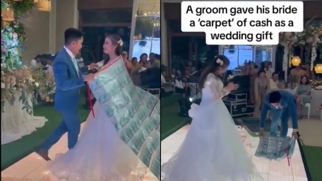 Groom drapes crash sheet with $17,000 over bride's shoulder at wedding 