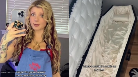 Woman who bought a real coffin to sleep in because of its comfort and convenience