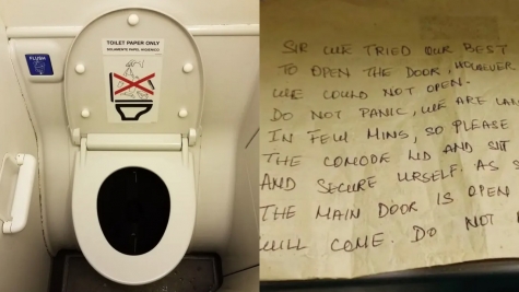 Man gets stuck in plane's bathroom for entire flight and gets note from flight attendant