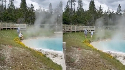 Women visit Yellowstone and run screaming ‘It’s hot!’  after dipping her hand hot spring in 78-degree