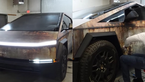 People stunned after ckecking out Tesla Cybertruck wrapped in rust