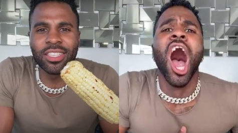 Jason Derulo appears to lose a tooth while eating corn with a drill