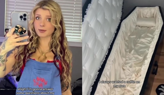 Woman who bought a real coffin to sleep in because of its comfort and convenience