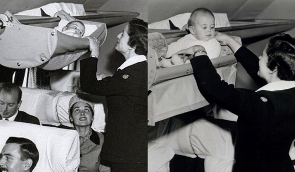 How did babies travel on planes in the 1950s?