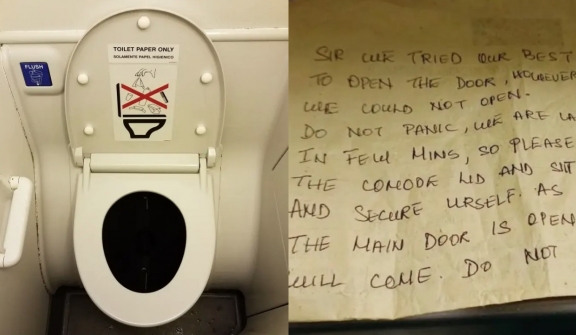 Man gets stuck in plane's bathroom for entire flight and gets note from flight attendant
