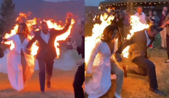 Bride and groom set themselves on fire during their wedding