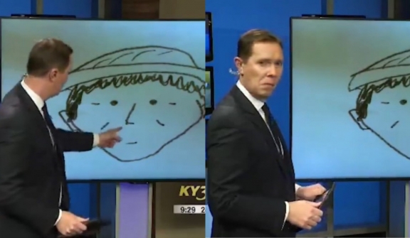 Male news presenter breaks into laughter after seeing police sketch