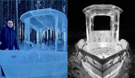 Man carves an ice boat with all basic functions leaving people captivated