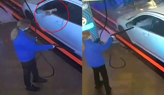 Teen car wash worker takes revenge on rude customer by spraying water after being splashed with lemon juice