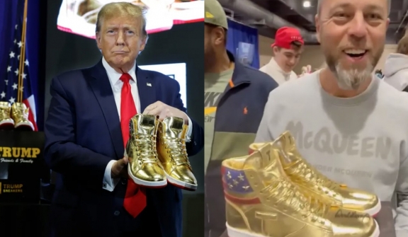 Man successfully bids for signed golden Donald Trump sneakers for $9K