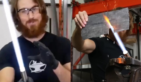 Man left people stunned after showing off 'world's first lightsaber' cutting through metal