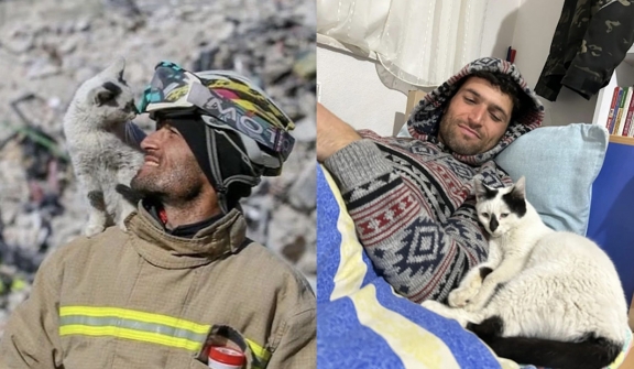 Fireman adopts cat he rescued from the rubble caused by Turkey's earthquake