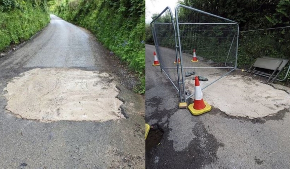 Highway officials searching for mystery motorist who filled huge pothole with concrete