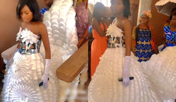 Unconventional wedding dress made of plastic cups and plates brings tiktok users to surprise with its creativity