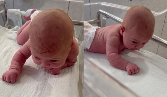 Mother astonished as newborn baby lifts head and crawls at just 3 days old