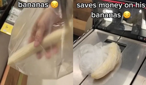 Man peels bananas before weighing them at grocery to save money