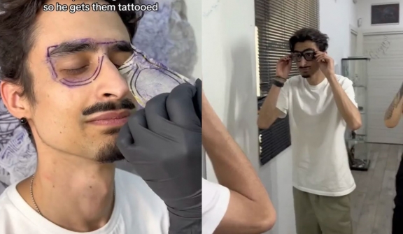 Forgetful man tattoos glasses on His face because he always loses them