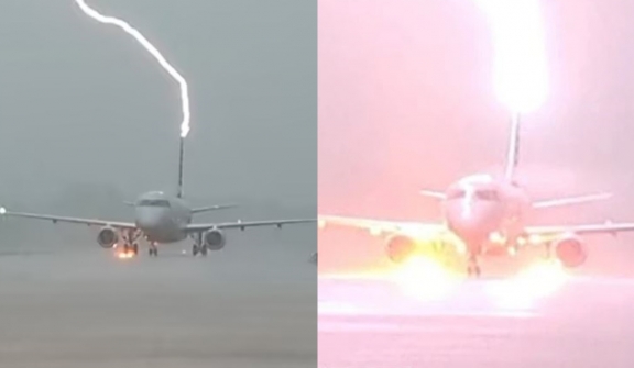 SHOCK moment: Lightning strikes plane full of passengers during stormy landing