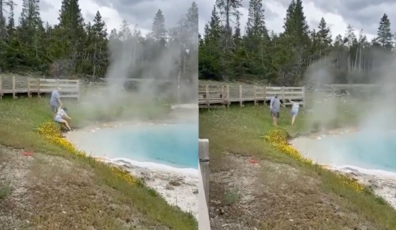 Women visit Yellowstone and run screaming ‘It’s hot!’  after dipping her hand hot spring in 78-degree
