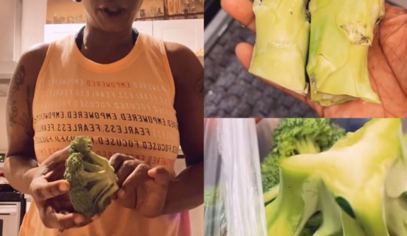 Woman  saves money by cutting off excess food before weighing and paying at supermarket