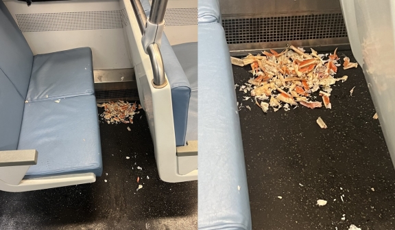 Passenger sparks debate after eating crab legs and then leaves the mess on a train