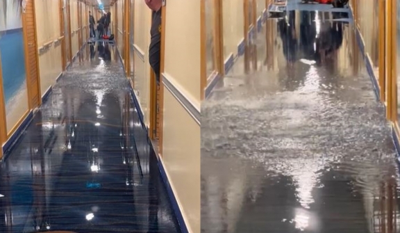 Cruise passengers stunned after waking to find water gushing through the ceiling of a ship