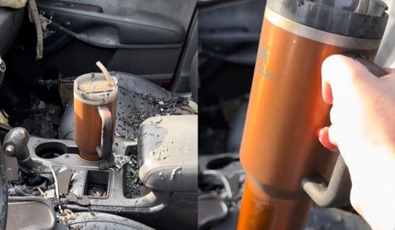 Woman stunned after spotting Stanley Travel Mug survive car fire; company offers to replace vehicle