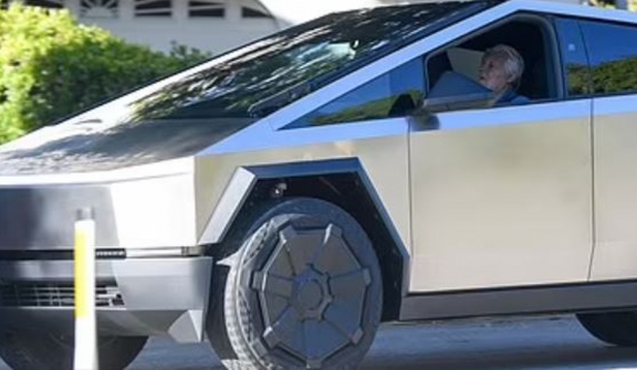 Jay Leno looks tiny as he appears in LA in his MASSIVE Tesla Cybertruck after car fire accident 